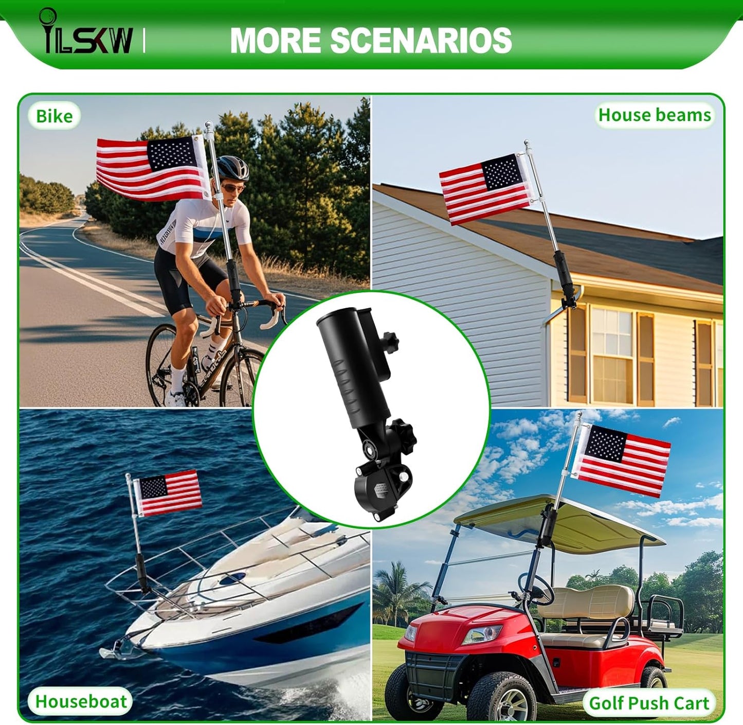 Heavy Duty Golf Cart Flag Holder and Flag Pole Kit for Yamaha, EZGO, Club Car, Upgraded Design Aluminium Alloy Base for Golf Carts, Boat, Vehicles, Golf Push Carts, Included USA Flag (12"×18")