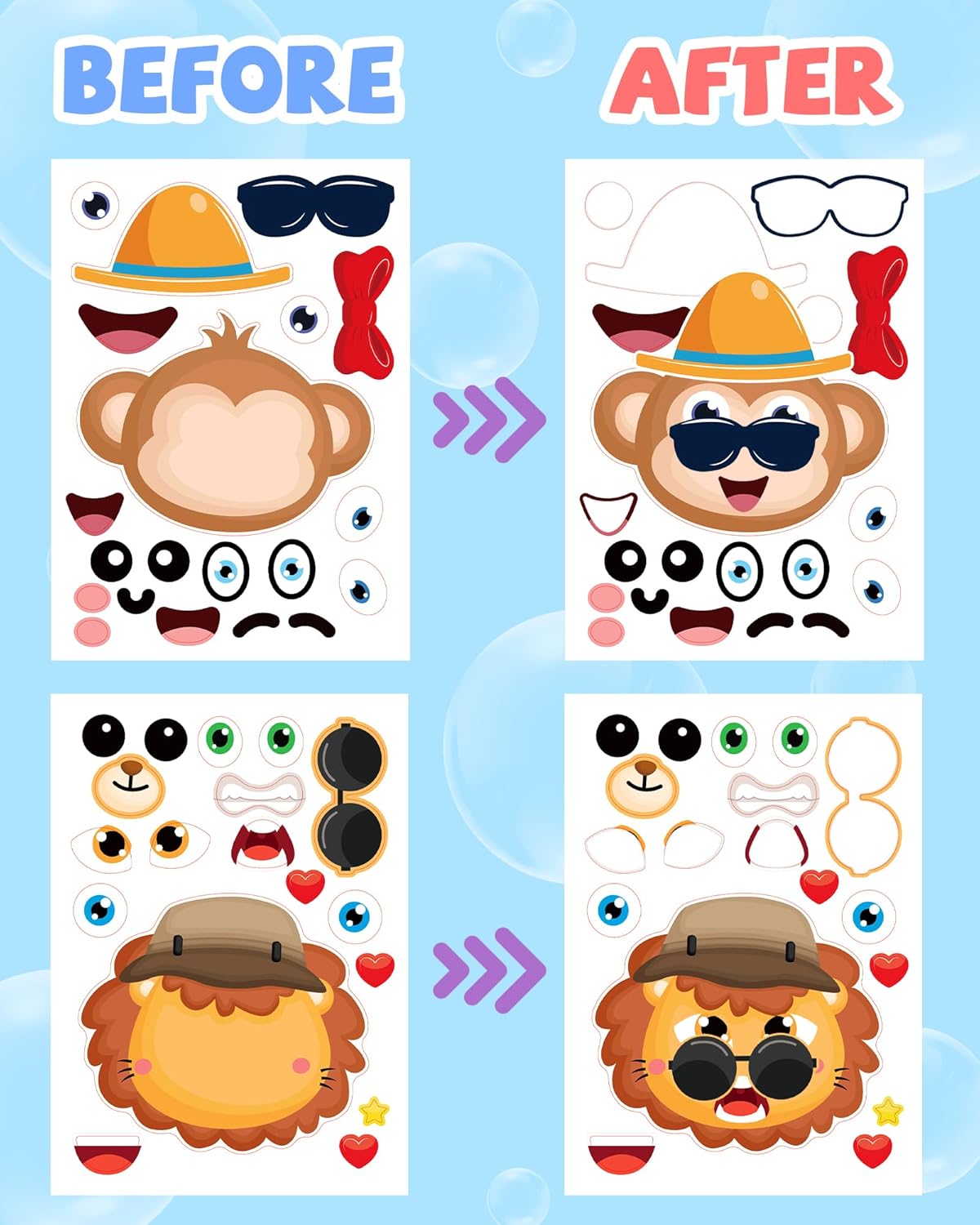 24 Pcs Make Your Own Animal Sticker Sheet, Animal Party Favors Face Stickers for Kids Girls Toddlers Crafts Activities Bags Birthday Party Favors Supplies