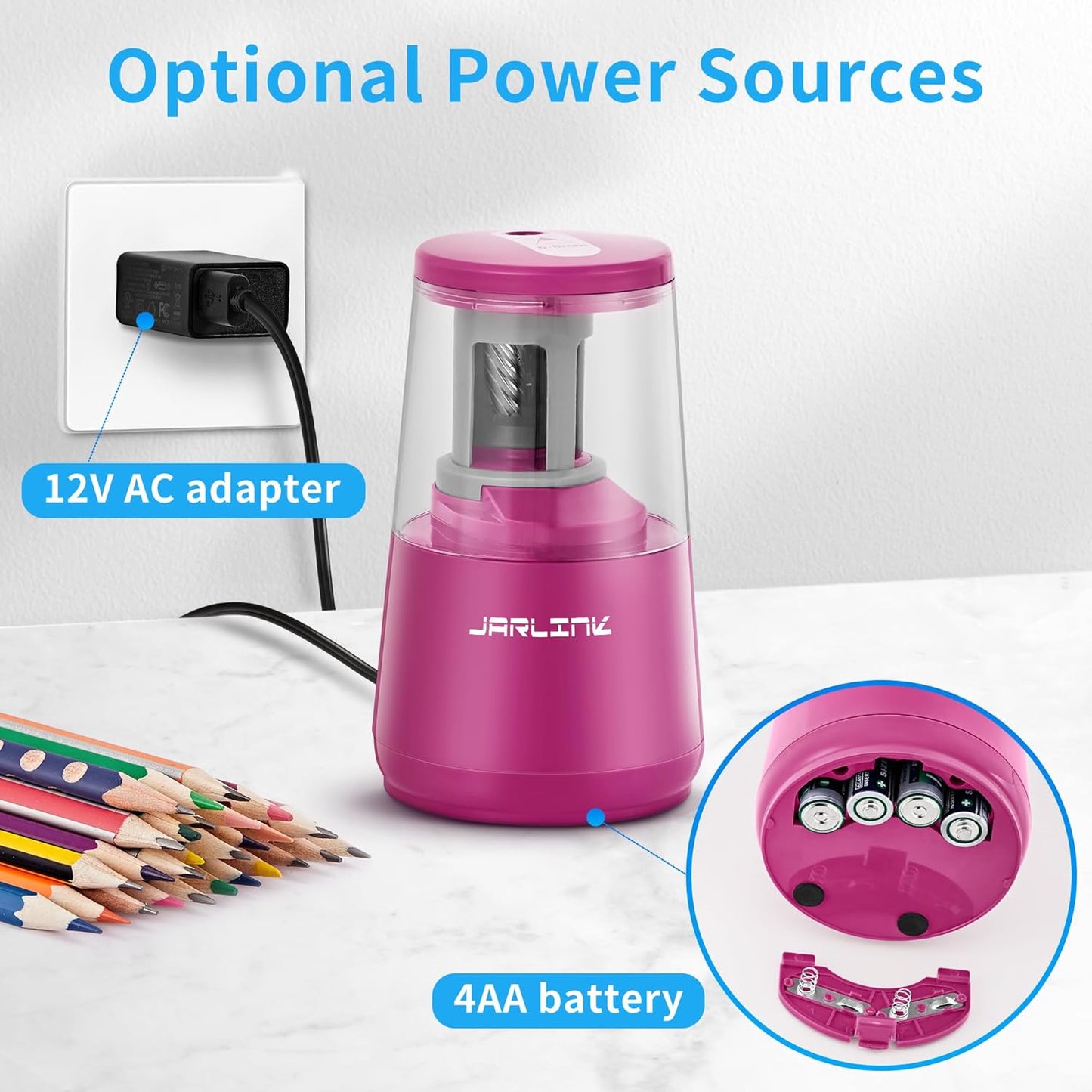 JARLINK Electric Pencil Sharpener, Heavy-Duty Helical Blade to Fast Sharpen, Auto Stop for No.2/Colored Pencils(6-8mm), AC Adapter/Battery Operated in School Classroom/Office/Home (Purple)