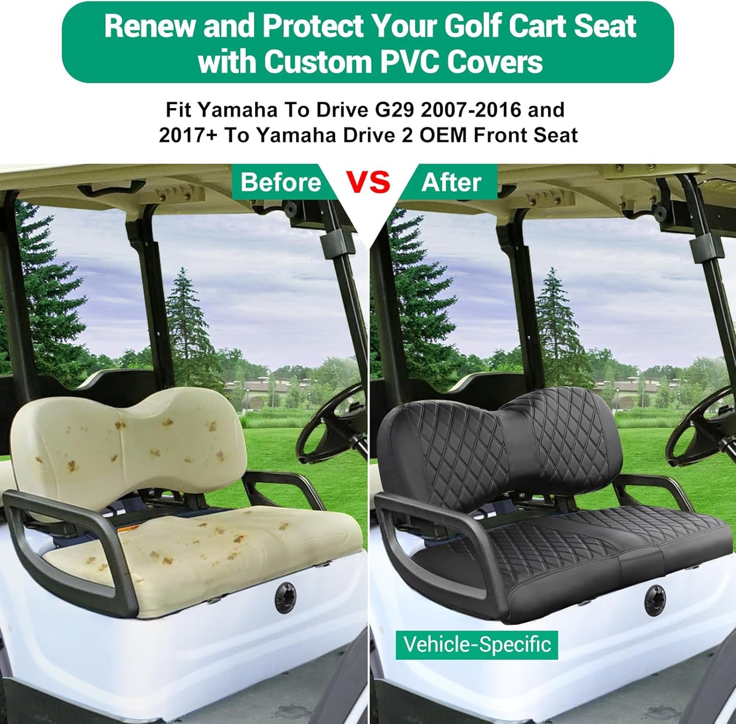 iLSKW Golf Cart Seat Cover for Yamaha G29 / Drive, Premium Marine Leather, Diamond Stripe with Black Stitching Soft Comfortable to Upgrade No Stapler