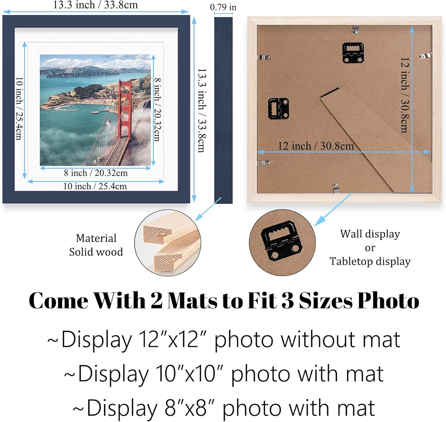 12x12 Wood Picture Frames for Wall Hanging or Tabletop,Diamond Painting Frame Baby Scan Picture Frames with 2 Mats Display 8x8 or 10x10 for Family Walls Decoration,Anniversary,Wedding,Christmas(Jazz