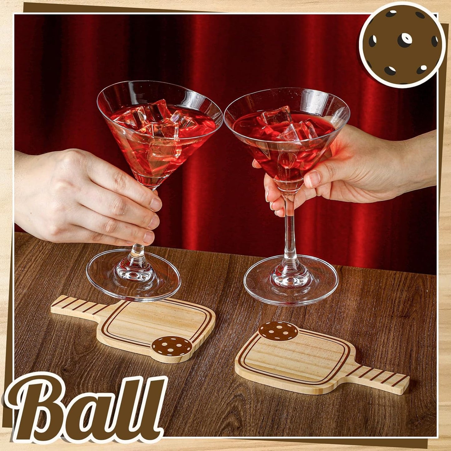 Hushee 6 Pack Christmas Gifts Drink Coasters Wood Coasters Set Paddle Shape with Handle Funny Gift for Women Men Sports Lovers Fans Party Favors Decorations