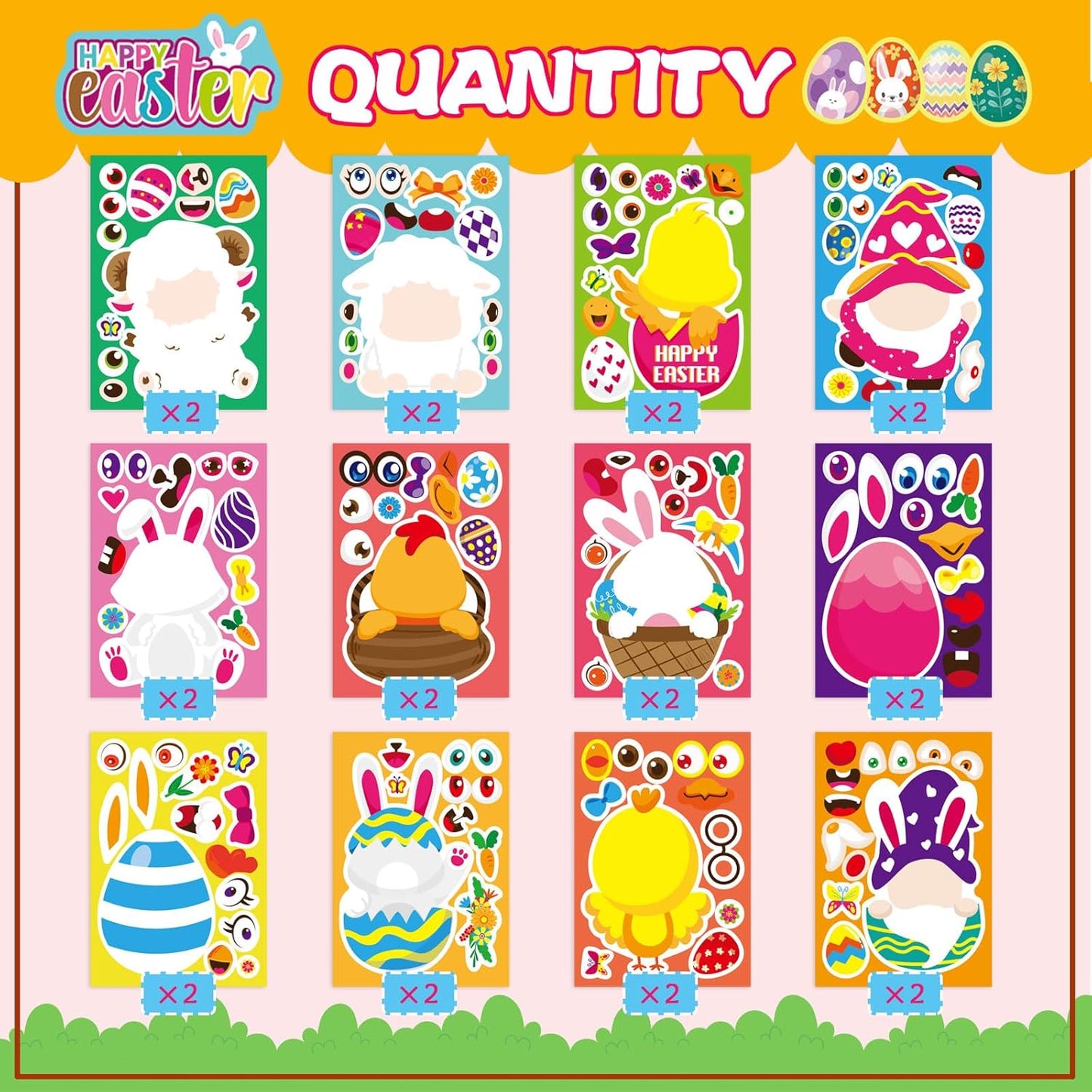 24 Sheets Easter Make-a-face Stickers for Kids, Make Your Own Easter Sticker for Boys Girls, Easter Eggs Bunny Chick Farm Animal Lamb Face Stickers for Family Schools Classroom Party Favor Supplies