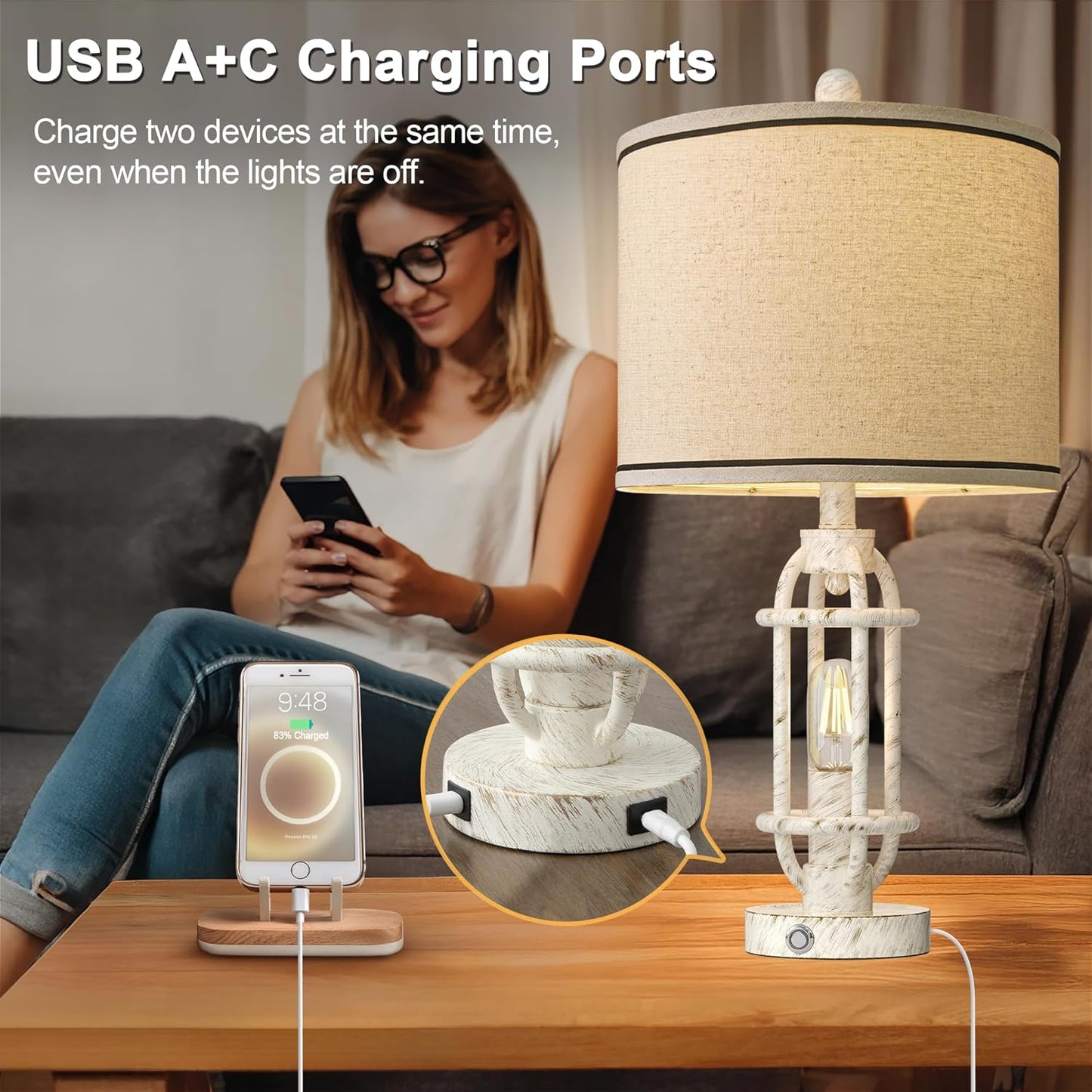 23.75'' Table Lamps Set of 2 for Living Room Bedroom Industrial Farmhouse Metal Touch Lamps with USB A+C Ports, Night Light Vintage Nightstand Bedside Lamp, Bulbs Included, White
