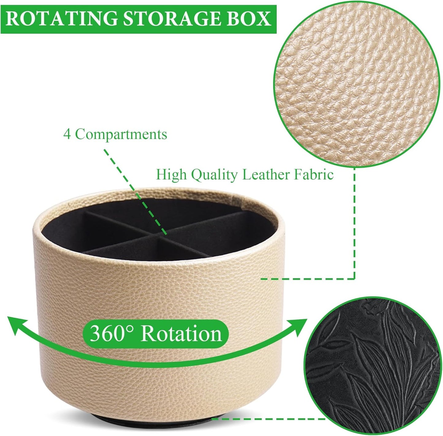 Hennaja Round Leather Art Supply Organizer,Remote Control Holder,360 Degree Spinning,Multi-Functional Pencil Holder,4 Compartments Desktop Stationary Organizer(1-Lichee Gold)