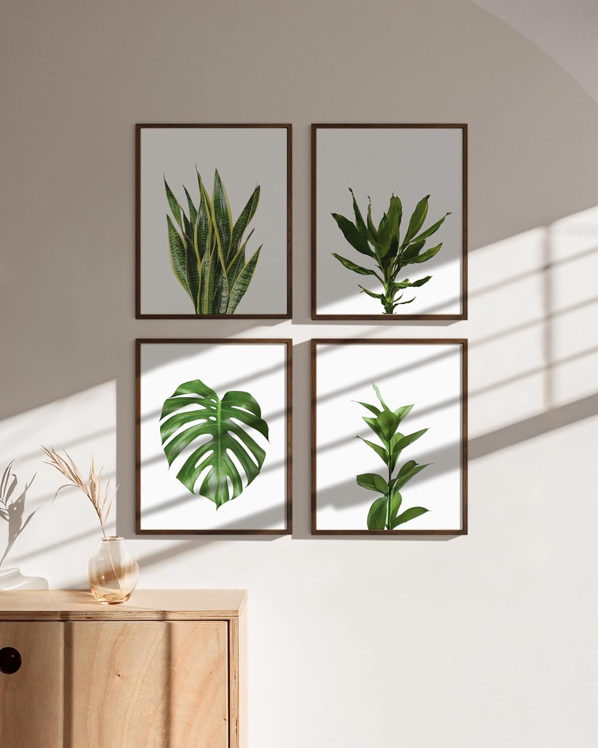 HAUS AND HUES Plant Wall Art - Set of 4 Botanical Prints, Sage Green Leaf Decor, Minimalist Plant Pictures for Wall (Walnut Frame, 8x10)