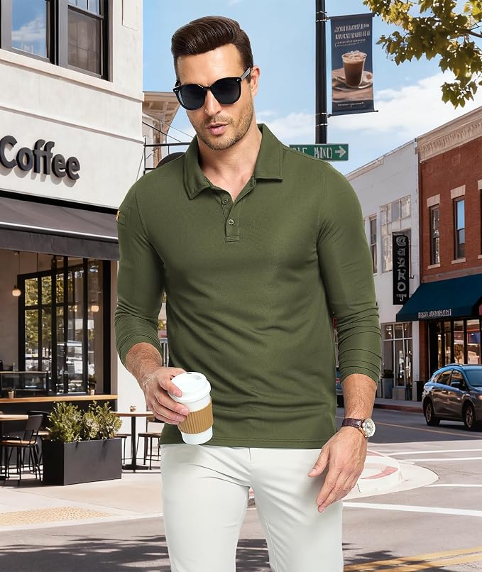 Men's Long Sleeve Polo Shirts 3 Button Down - Image 2
