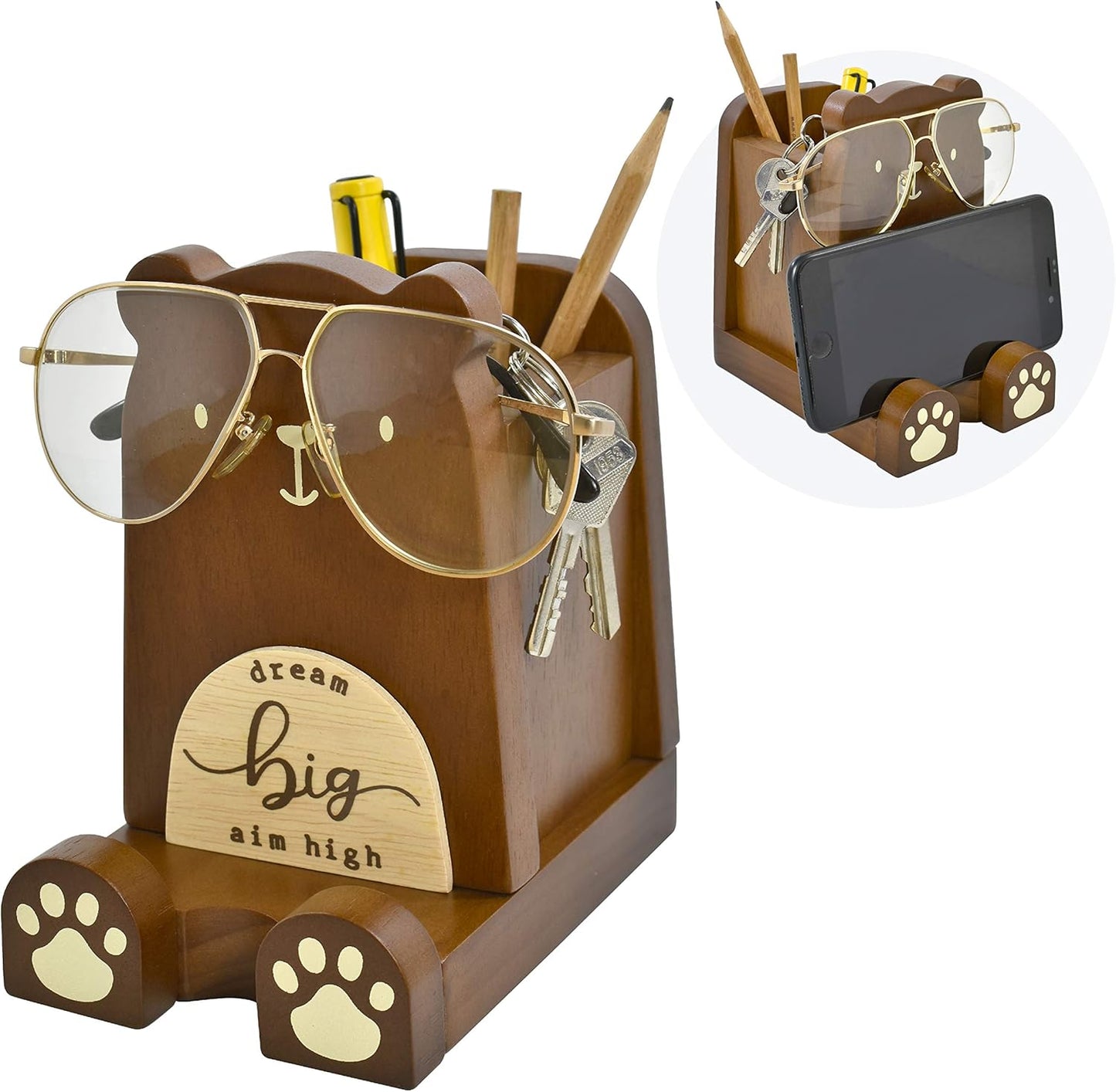 I'm Wood Multipurpose Eyeglass Phone Pen & Pencil Holder Stand Stationery Desk Box Organizer Accessories, Home Office Desktop Decor Birthday Graduation Gifts “Dream Big Aim High”(Bear)