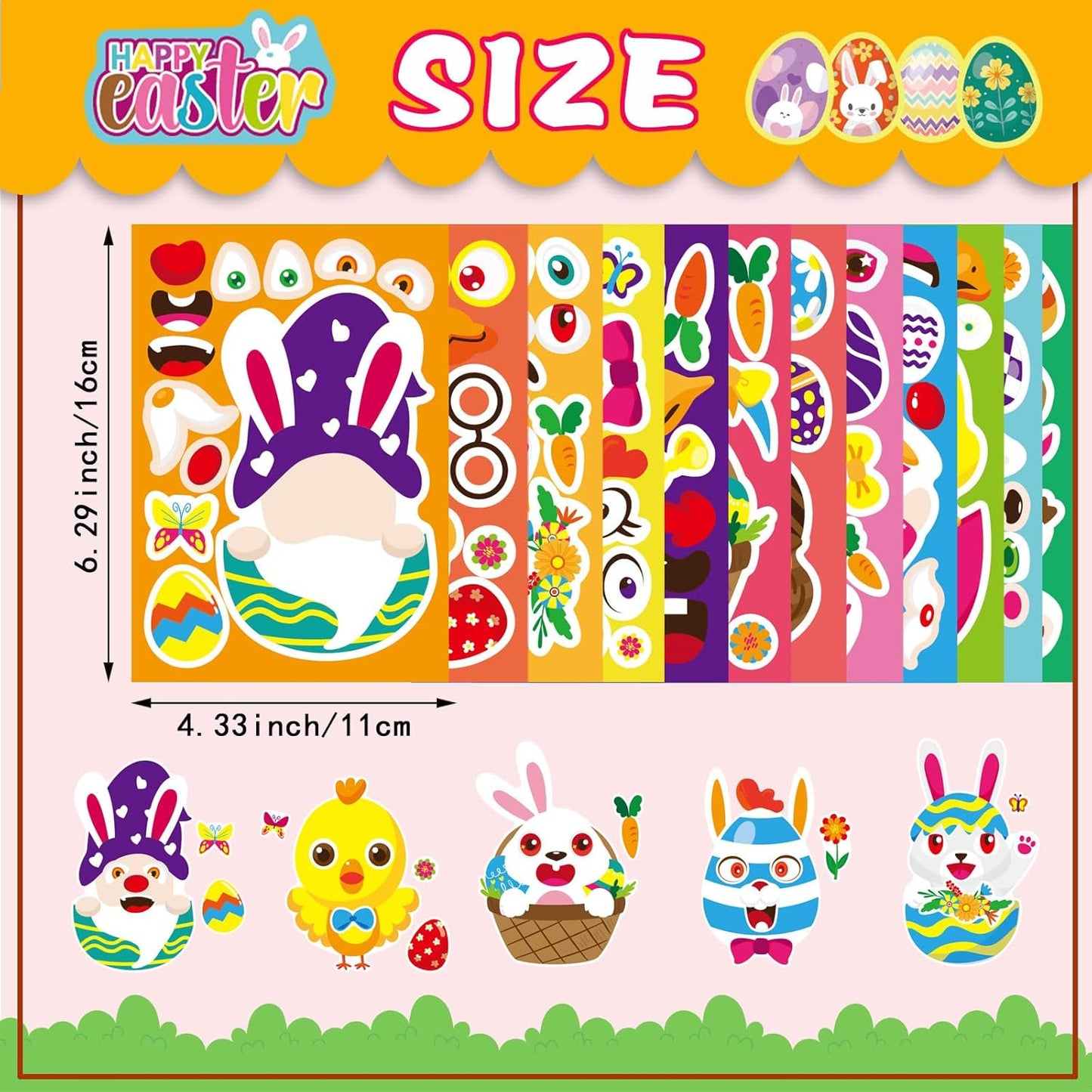 24 Sheets Easter Make-a-face Stickers for Kids, Make Your Own Easter Sticker for Boys Girls, Easter Eggs Bunny Chick Farm Animal Lamb Face Stickers for Family Schools Classroom Party Favor Supplies