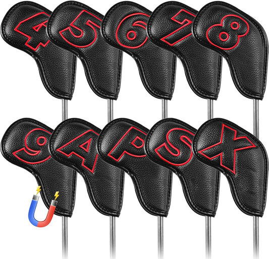 Golf Iron Covers Set Strong Magnetic Closure Value 10 Pack, Double Side Number Synthetic Leather Deluxe Club Headcover, Universal Head Cover Fit Main Irons Clubs for Women Men