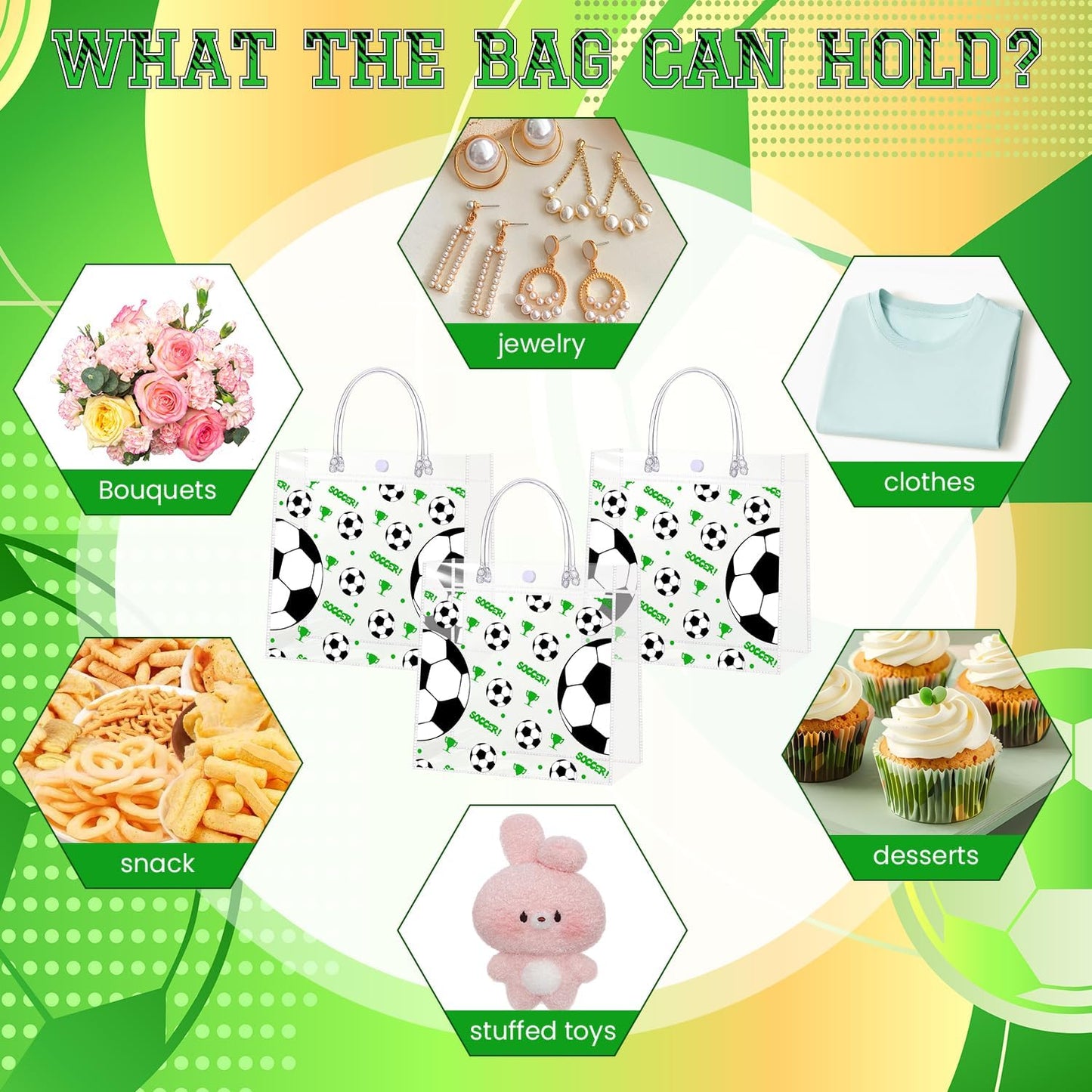 24 Pieces Clear Soccer Gift Bags with Handles Transparent PVC Soccer Goodie Bags 7.9 x 7.9 x 3.1Inch Sport Theme Party Favor Bag for Birthday Holiday Sports Team Events
