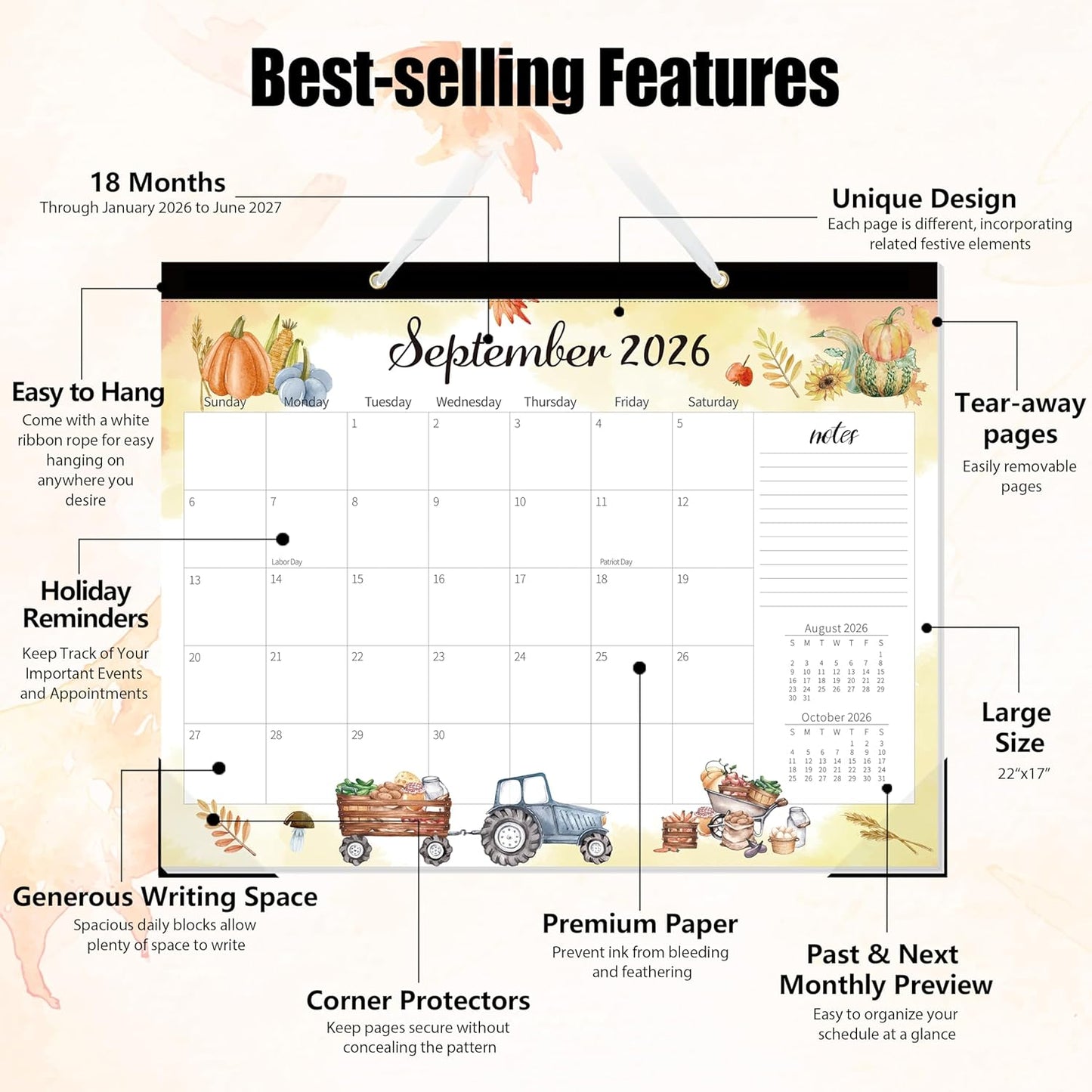 GuassLee Monthly Large Desk Calendar 2026-2027 - 18 Months 22" x 17" Calendar from Jan. 2026 to Jun. 2027, Large Monthly Planner with Holiday Watercolor Design for Office School Home Organizing