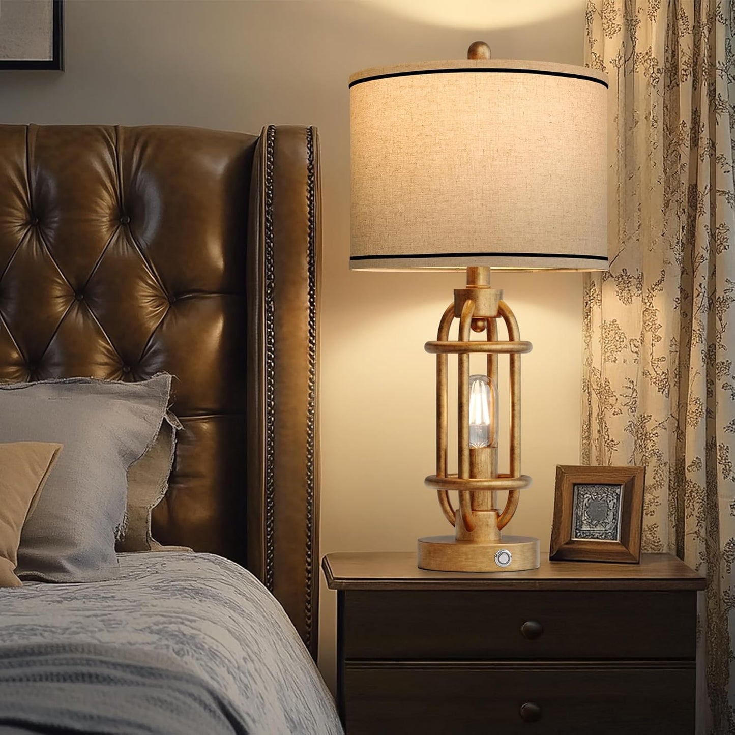 23.75'' Table Lamps Set of 2 for Living Room Bedroom Industrial Farmhouse Metal Touch Lamps with USB A+C Ports, Night Light Vintage Nightstand Bedside Lamp, Bulbs Included, Antique Gold