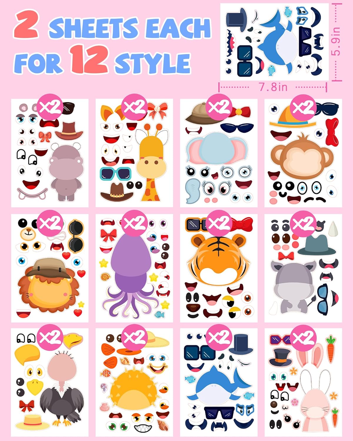 24 Pcs Make Your Own Animal Sticker Sheet, Animal Party Favors Face Stickers for Kids Girls Toddlers Crafts Activities Bags Birthday Party Favors Supplies