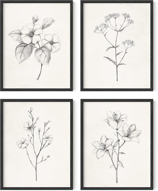 HAUS AND HUES Grey Floral Wall Art - Set of 4 Plant Posters for Wall Vintage, Botanical Prints, Black and White Flower Pictures for Room Aesthetic, Farmhouse Bathroom, Rustic Art (Black Frame, 11x14)