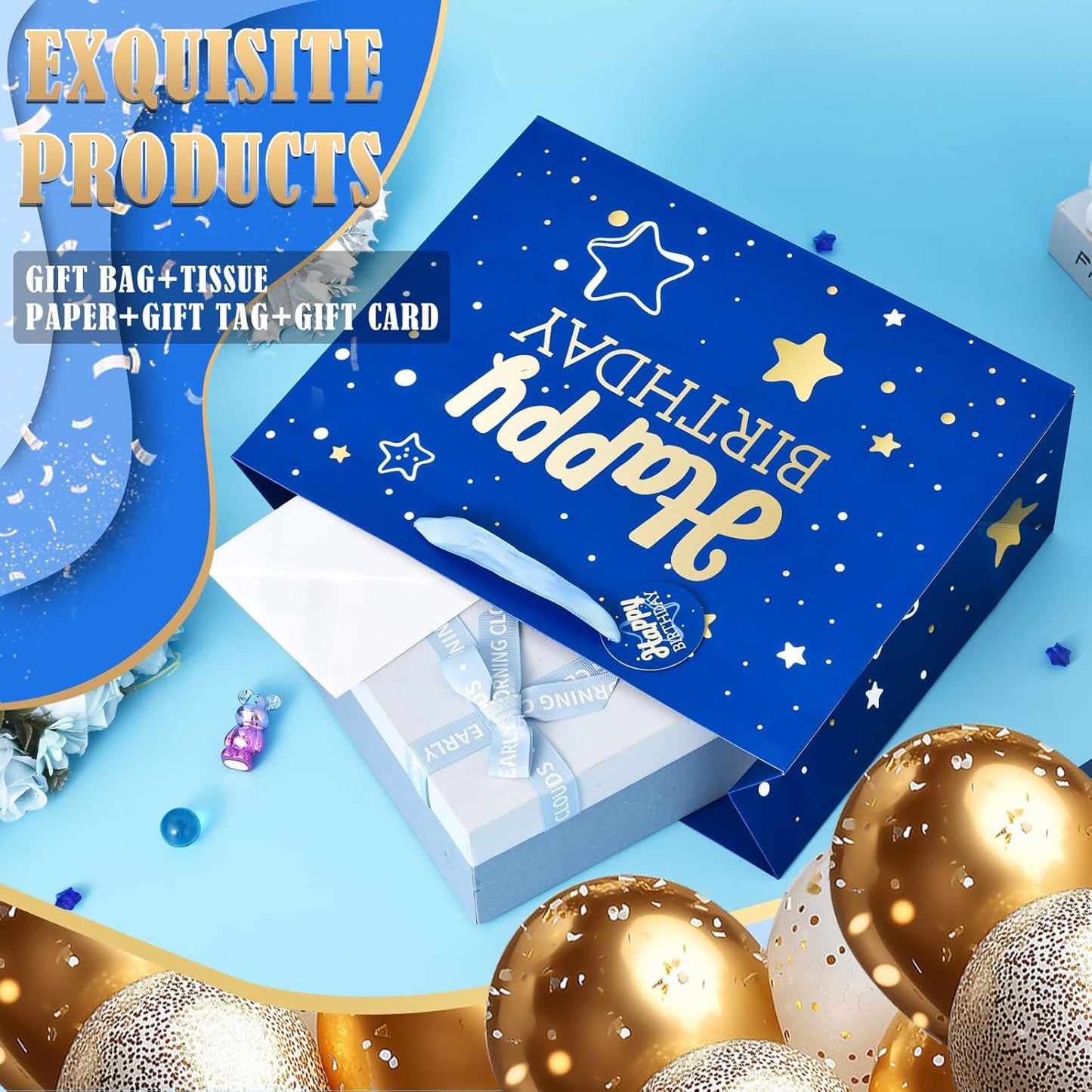 13" Blue Happy Birthday Gift Bag with Tissue Paper and Greeting Card for Party,Happy Birthday Gift Bag for Men Women,Gift Bags Medium size(1 PCS Blue Hot Stamping)