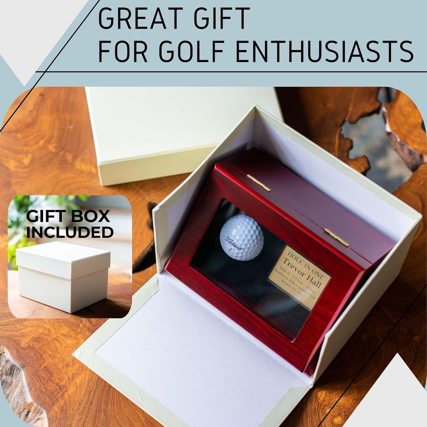 Hole-in-One Wooden Golf Ball Display Case with Custom Engraved Gold Plate - Polished Rose Wood Box with Transparent Window - Dust Protection for Golf Ball Memorabilia with Personalization
