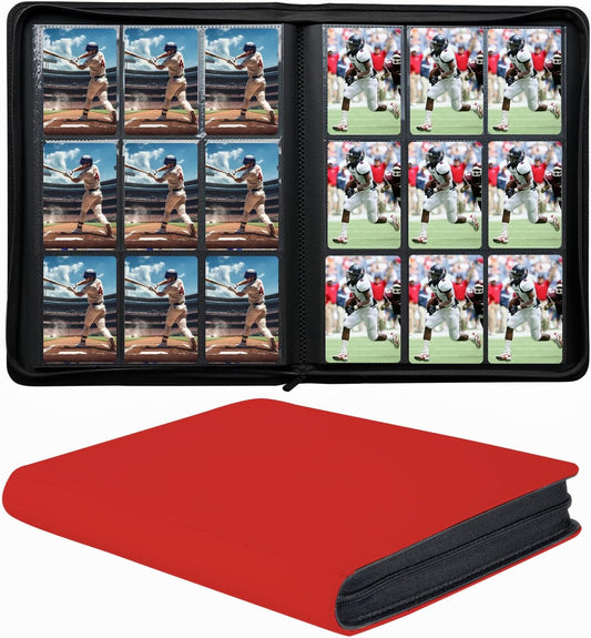 9-Pocket Zippered Trading Card Binder, 864 Pockets Double-Sided Side-Loading Card Organizer Album, PU Leather Card Holder Protector for MTG, TCG, Sports Cards (Red)