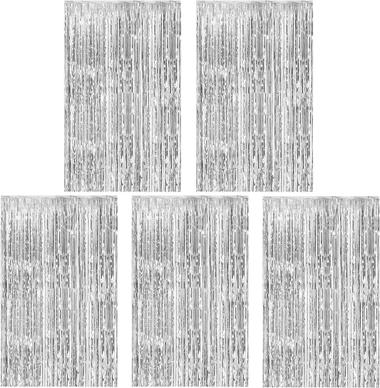 5 Pack Silver Foil Curtain Backdrop Metallic Tinsel Foil Fringe Curtains Photo Booth Props for Birthday Wedding Engagement Bachelorette Christmas Holiday Celebration Party Decorations Supplies