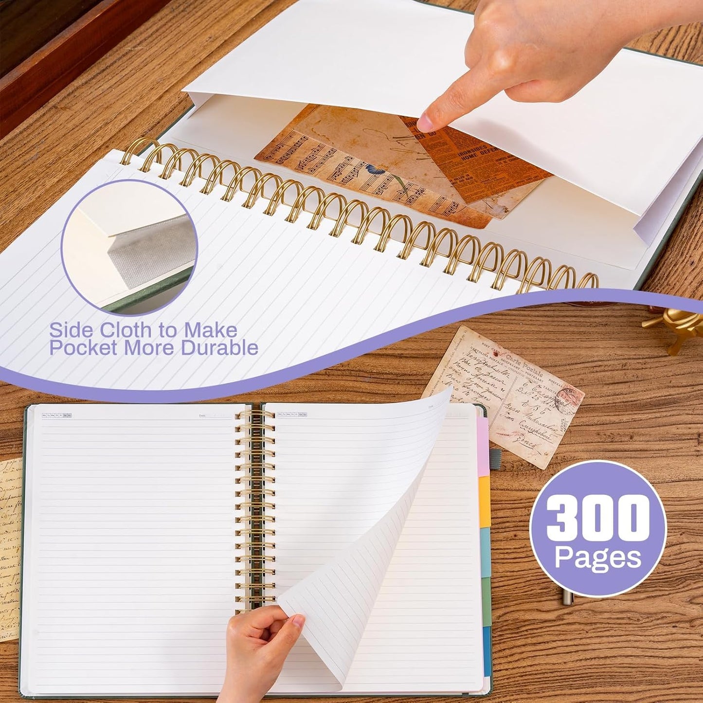 Hardcover Spiral Notebook 8.5" x 11" with 5 Removable Dividers 300 Pages Leather 5 Subject Notebook College Ruled 100GSM Large Spiral Notebooks for Work Thick Lined Journal for Women, Purple