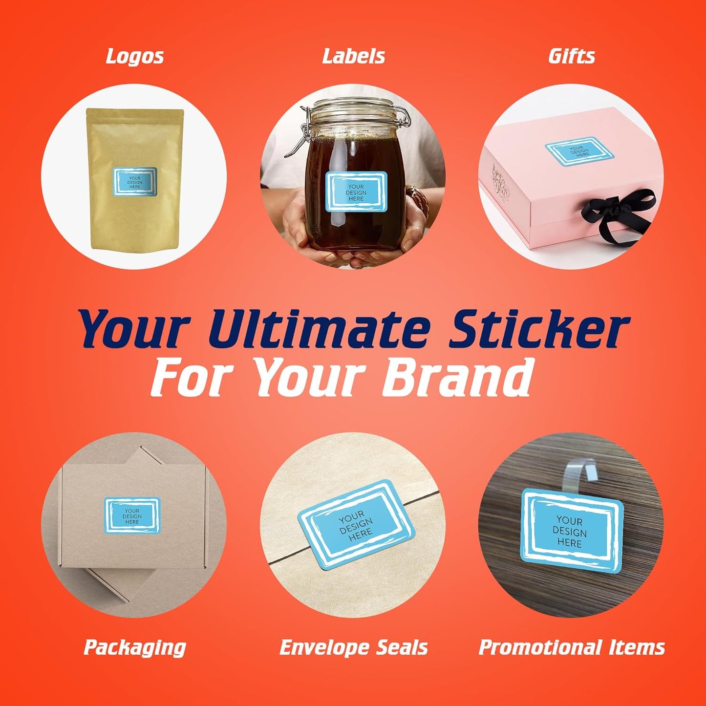 100 Custom Vinyl Stickers - Upload Your own Image, Text, Design, Logo - Personalized Logo Labels for Handmade, Packaging, Bottle, Jars, Candle, Brand Stickers (Blue Swirls, 5x3)
