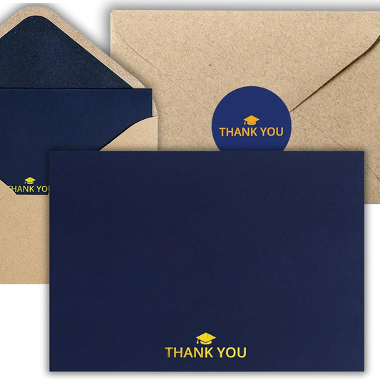 100 Bulk Navy Graduation Thank You Cards with Kraft Envelopes and stickers - 4 Minimalistic Designs Blank Thank You Notes with Envelopes navy blue Graduation cards