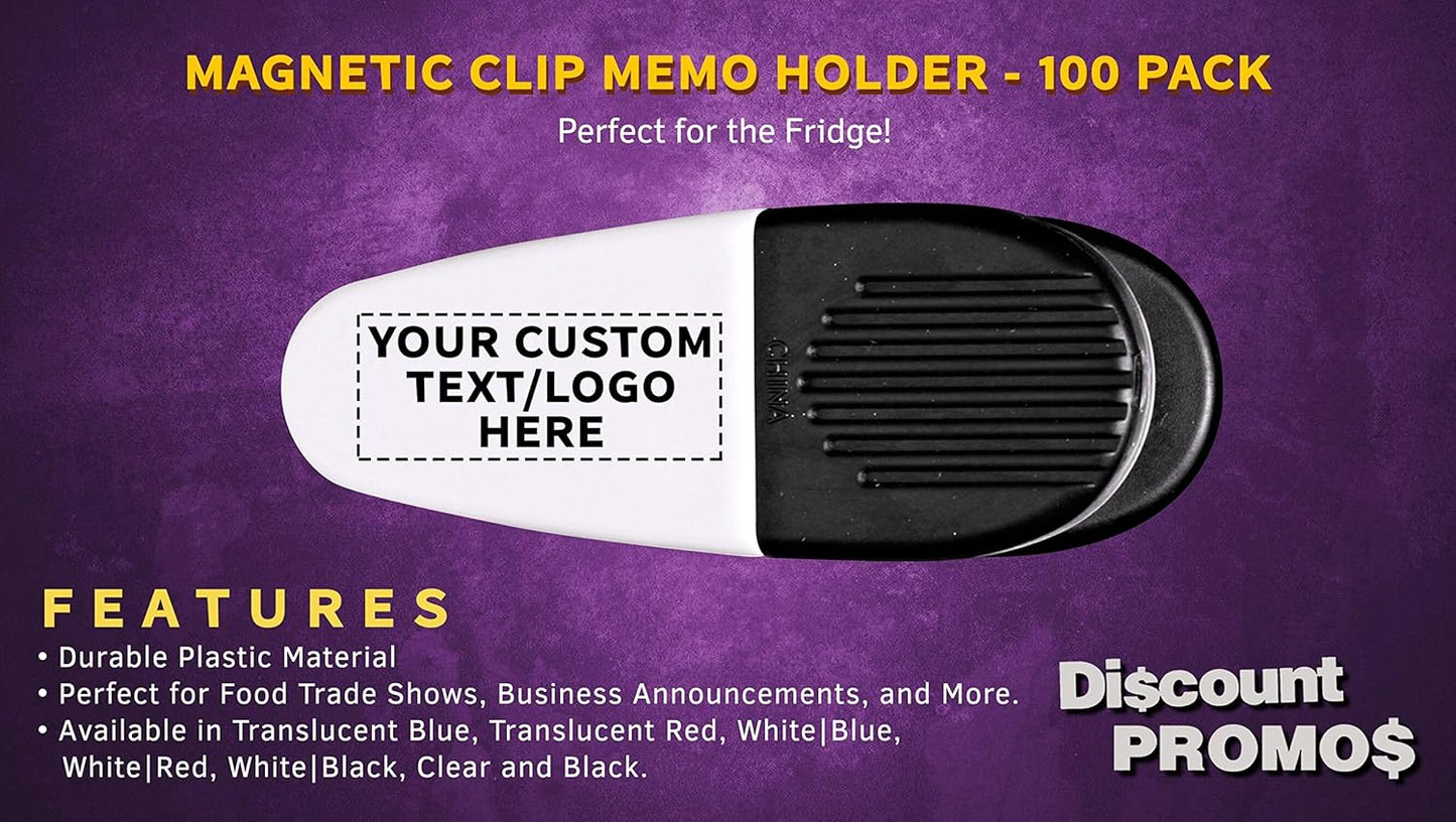 100 Magnetic Memo Holders Set - Customizable Text, Logo - Large Clip, Plastic - White Black