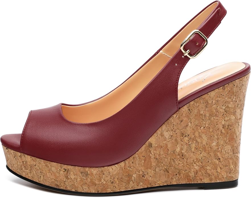 Womens Peep Toe Wedge Heels Matte Fashion Cork Slingback Pumps Platform Wedge - Image 2