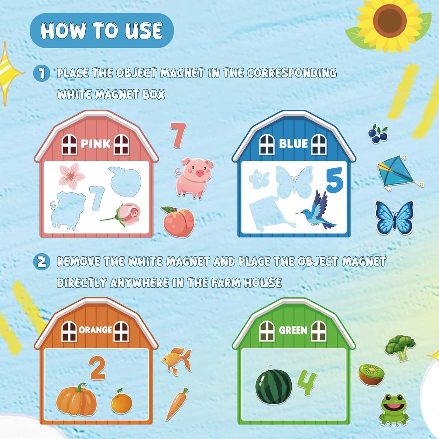 10Pcs Magnetic Color Sorting Toys 60 Toddler Magnets for Refrigerator, Cute Farm Animal Fridge Magnets for Early Education Toddler Color Sorting Learning Activities