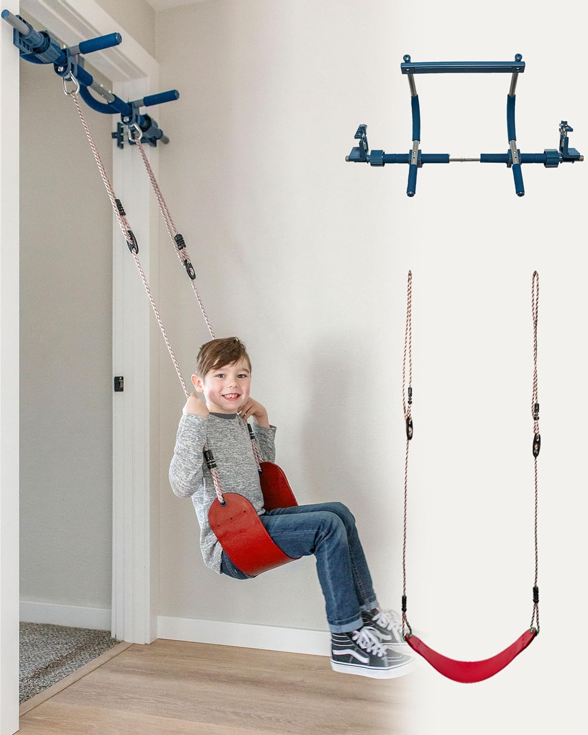 Gym1 Doorway Indoor Swing & Pull-Up Bar Set - Sensory Swing with Rope Ladder - Built-in Pull-Up Bar for Kids Workout Equipment - Easy No-Drill Mount for Indoor Playset - 2-Piece, Red