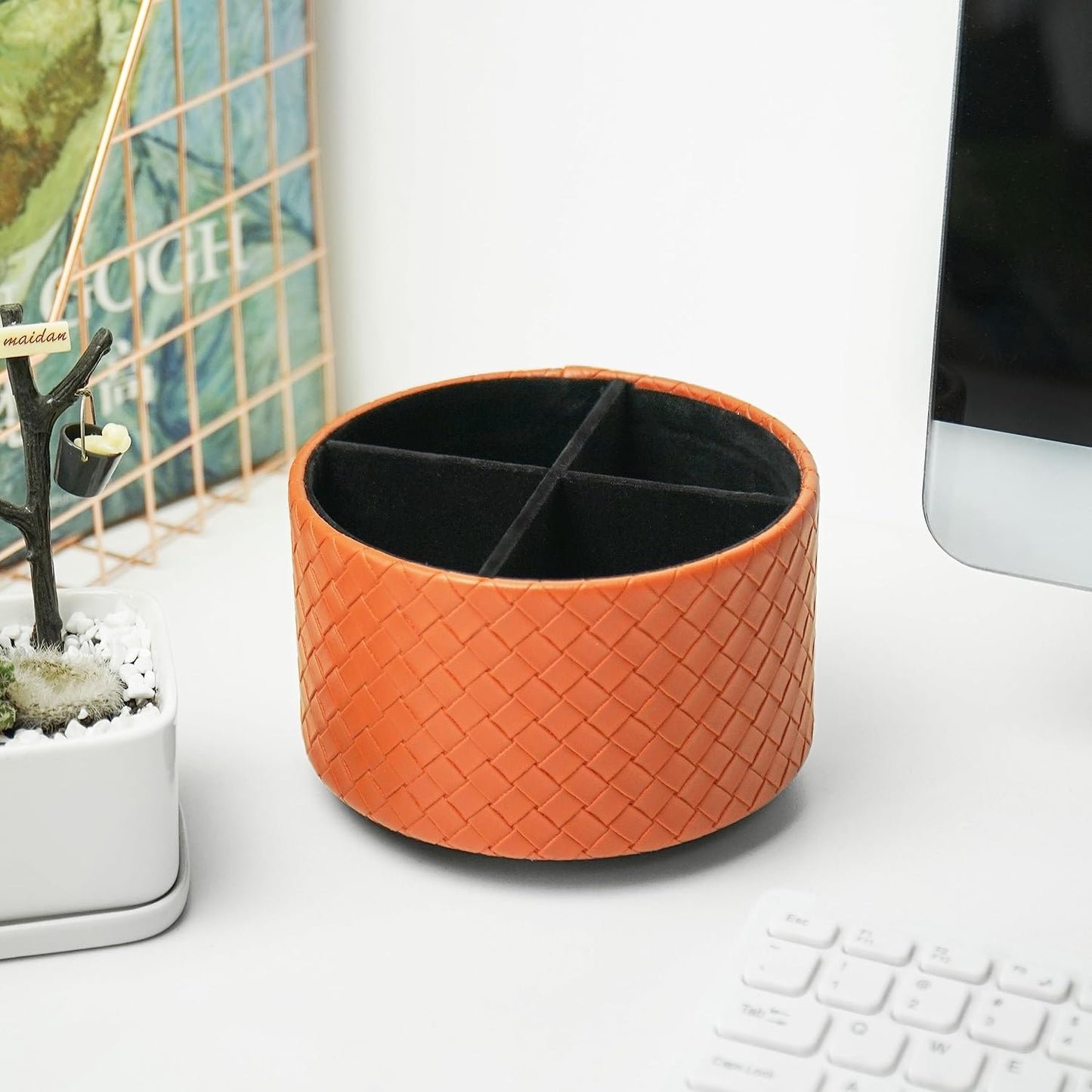 Hennaja Round Leather Art Supply Organizer,Remote Control Holder,360 Degree Spinning,Multi-Functional Pencil Holder,4 Compartments Desktop Stationary Organizer(1-Weave Brown)