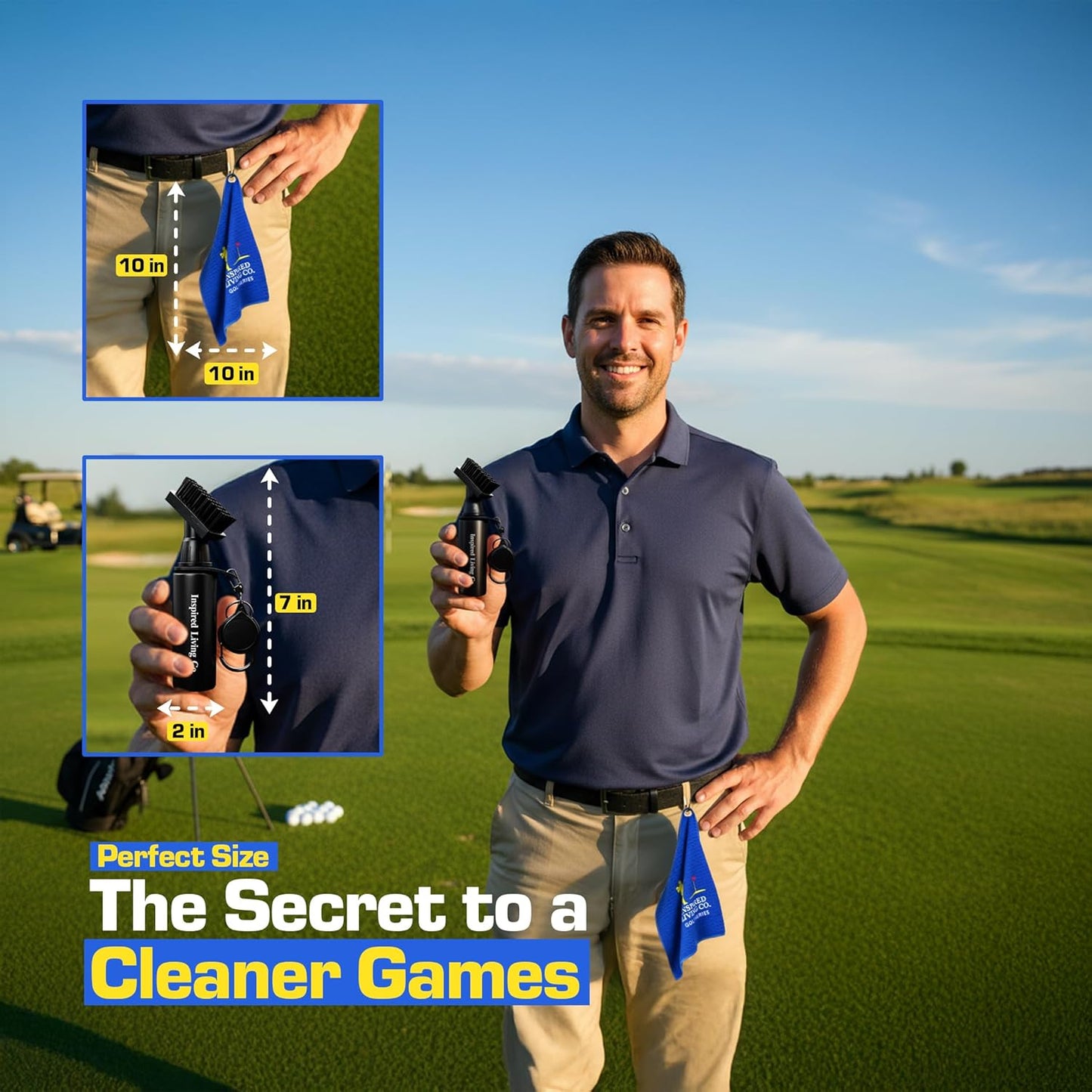 Inspired Living Co. Golf Club Cleaner Kit – Premium Golf Club Brush with Groove Cleaner & Microfiber Golf Towel – Golf Club Cleaning Kit for Men – Essential Golf Brush Tool & Golf Gift for Golfers
