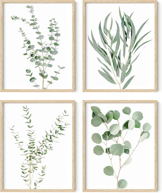 HAUS AND HUES Botanical Plant Wall Art Prints - Set of 4, Plant Wall Decor, Floral Kitchen, Flower Leaves Wall Art, Boho Eucalyptus Decor, Green Botanical Poster (8x10, Beige Frame)