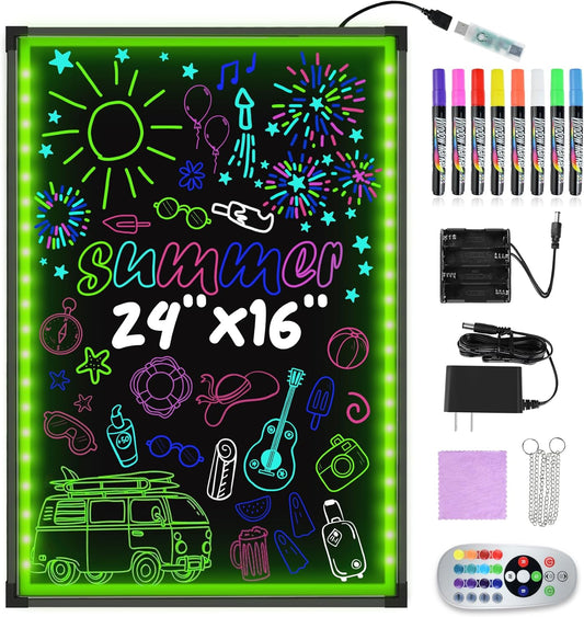 Hosim LED Message Writing Board, 24" x 16" Illuminated Erasable Neon Effect Restaurant Menu Sign with 8 Colors Markers, 7 Colors Flashing Mode DIY Message Chalkboard for Kitchen Wedding Promotions