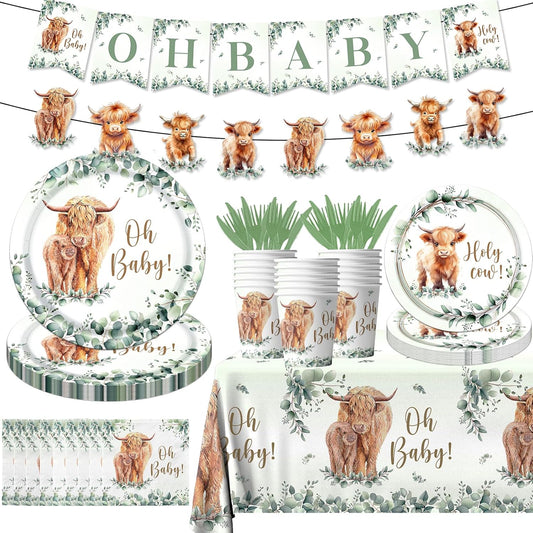 Highland Cow Birthday Decorations - 142Pcs Highland Cow Tableware Cow Plates and Napkins Western Theme Party Decorations for Birthday Baby Shower,Highland Cow Party Favors