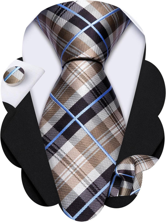 Barry.Wang Designer Classic Ties for Men Set Formal Pocket Square Cufflink Check Plaid