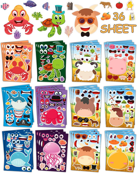 36 Sheets Stickers for Kids Toddlers Party Favors, Mixed Animals Make a Face Stickers Goody Bag Stuffers, Crafts for Kids Activities Classroom Supplies School Teacher Must Haves