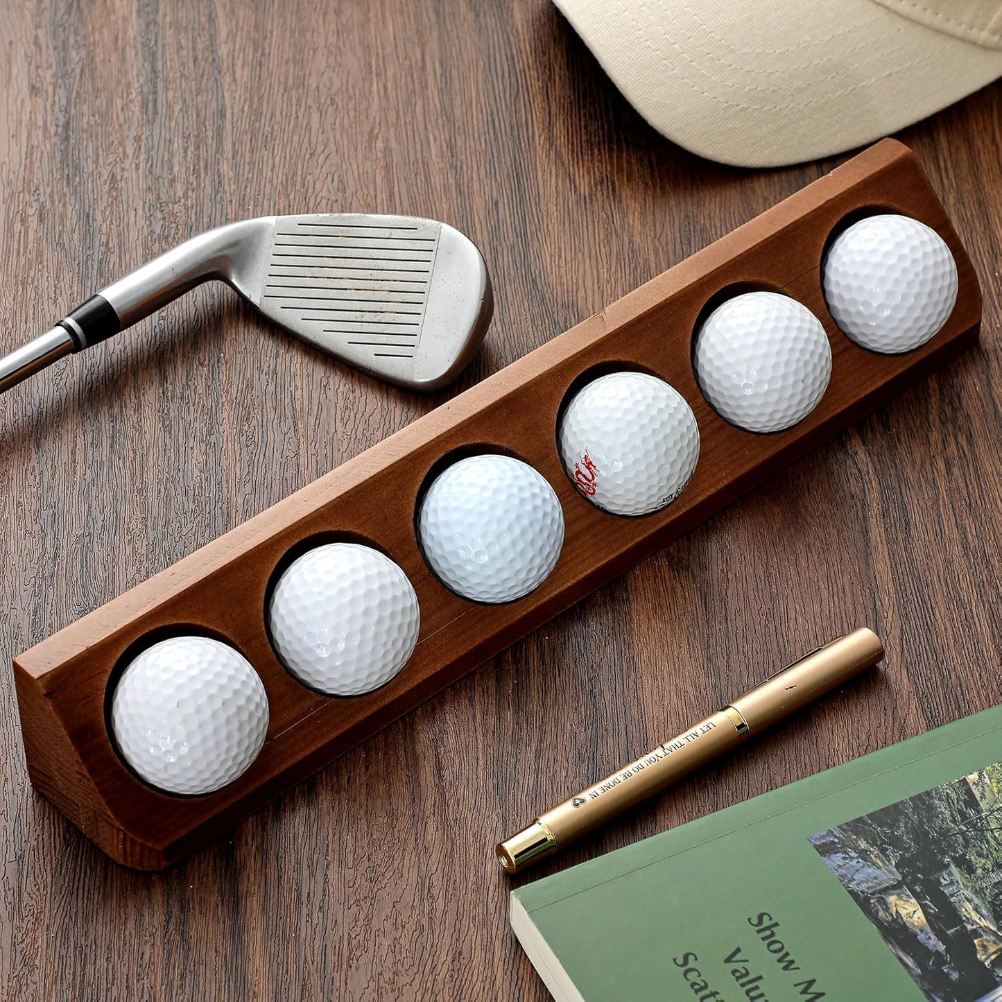 1 Pack Wooden Golf Ball Display Case 6 Standard Size Wall Mount Golf Ball Stand Holder Display for Collector Sport Memorabilia Accessories Gift (Walnut Color)