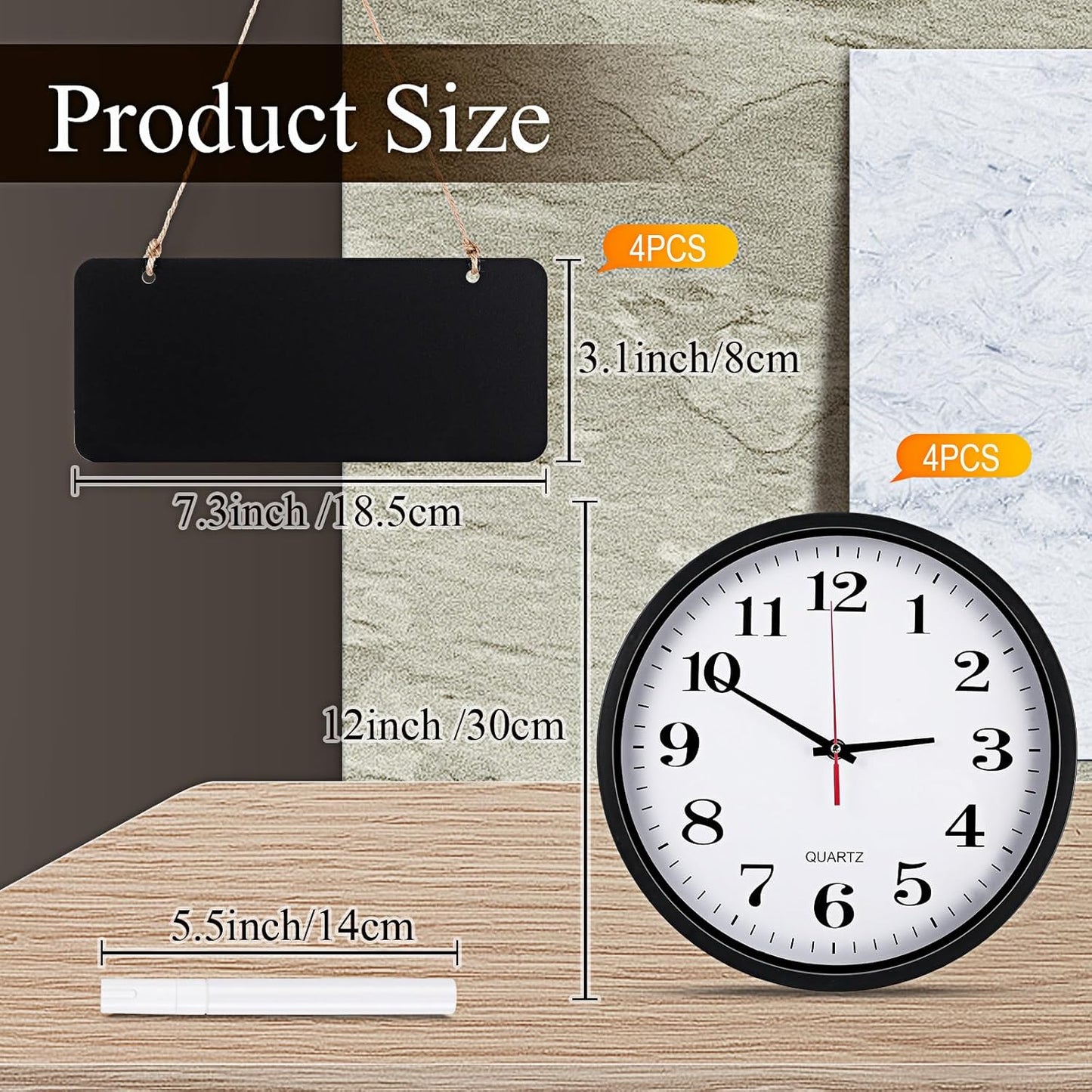 Inbagi 4 Pieces Wall Clocks Set Include Quartz Wall Clock Battery Operated Round Clock with 4 Pieces Hanging Chalkboard and White Marker Pen for Hotel Office Home Room Kitchen(12 Inch,Black)