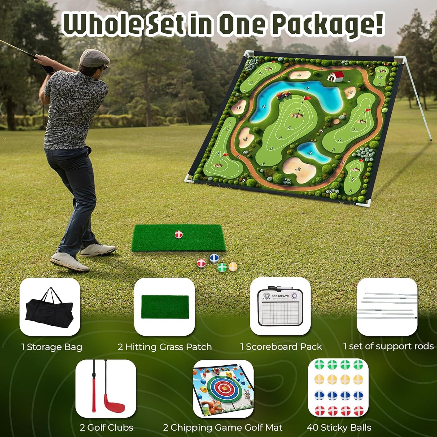 2-in-1 Portable Golf Chipping Game Set Adjustable Golf Practice Mat with 3-Level Golf Clubs 40 Sticky Balls for Indoor Outdoor Training Playing Chipping Golf Game Practice for Golfers 6FT × 6FT