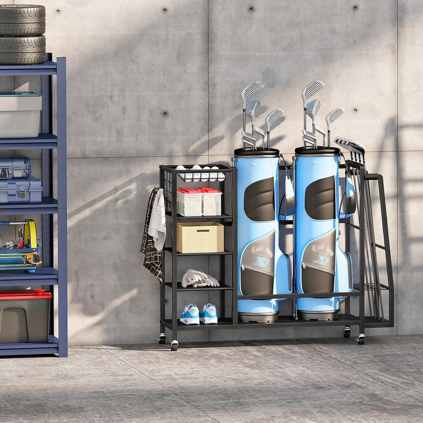 HOOBRO Golf Bag Storage Garage Organizer, Golf Bag Storage Stand Fits 2 Golf Bags and Golf Equipment Rack with Wheels, Extra Storage Rack for Garage, Club, Basement, Black BK49CJ01