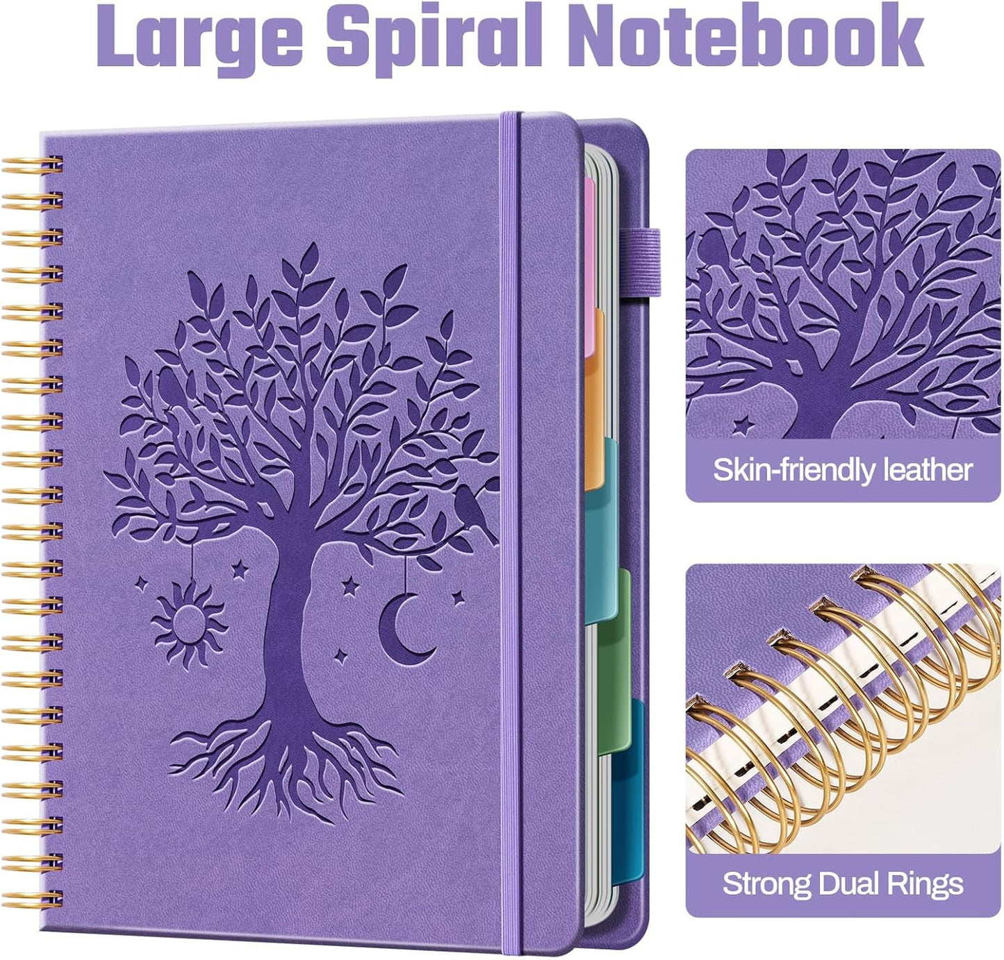 Hardcover Spiral Notebook 8.5" x 11" with 5 Removable Dividers 300 Pages Leather 5 Subject Notebook College Ruled 100GSM Large Spiral Notebooks for Work Thick Lined Journal for Women, Purple