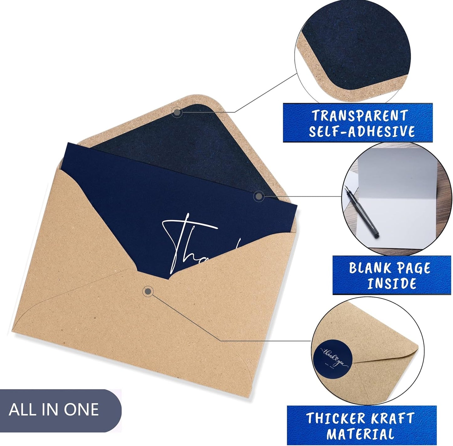 100 Bulk Navy Thank You Cards with Kraft Envelopes and stickers - 4 Minimalistic Designs Blank Thank You Notes with Envelopes Matt for business Wedding Bridal Gift Baby Shower Business Graduation