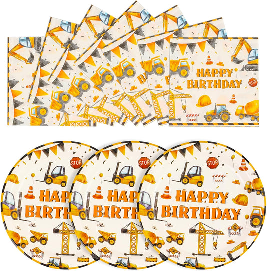 40PCS Construction Happy Birthday Paper Plates and Napkins Party Supplies, Disposable Construction Party Plates and Napkins Tableware Set for Kids Boys Birthday Party Decorations Serves 20