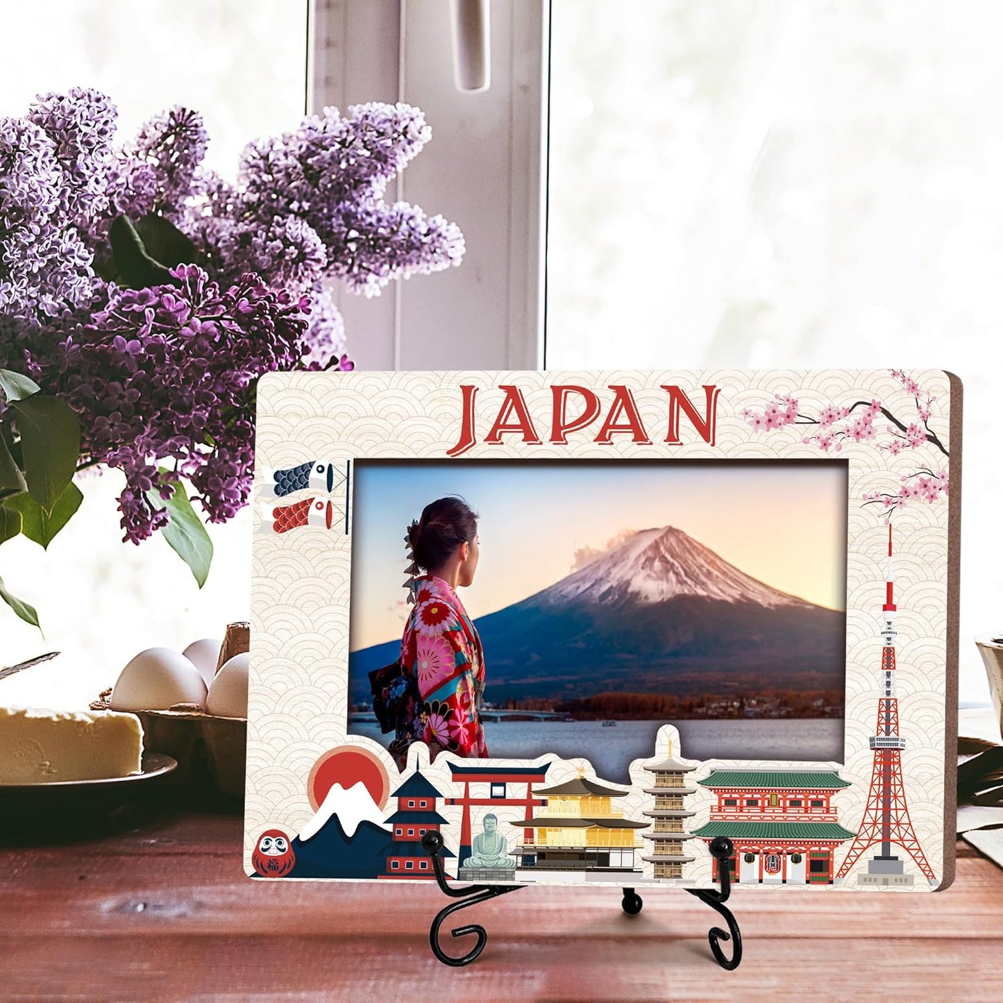 Japan Travel Picture Frame, 5 x 8 Japan Themed Wooden Photo Frame with Stand, Vacation Anniversary Honeymoon Gifts For Friend Family Couples, Home Office Desk Decorations-A06