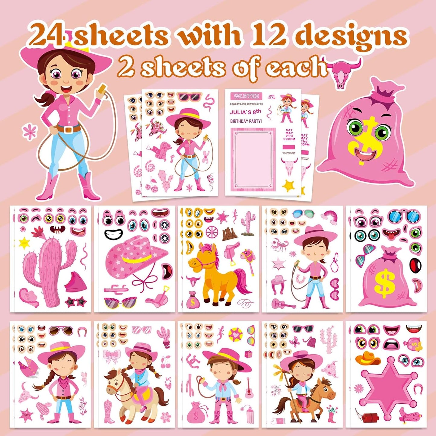 24 Sheets Cowboy Cowgirl Stickers for Kids, Country Western Cowgirl Make a Face Sticker, Make Your Own Stickers Sheets, Pink Cool Theme Art Craft Supplies