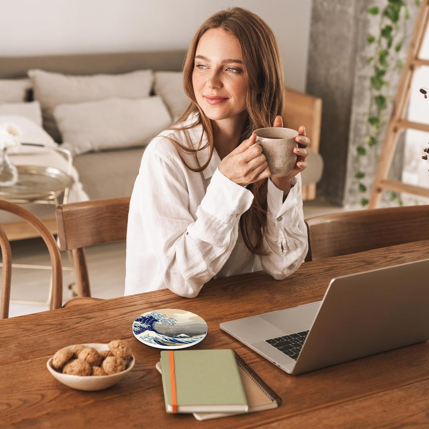 Japanese Style Waves Round 4" Cup Coasters Set of 4, Absorbent Ceramic Coasters with with Cork Backing, Table Home Decor, Gifts for Women Men