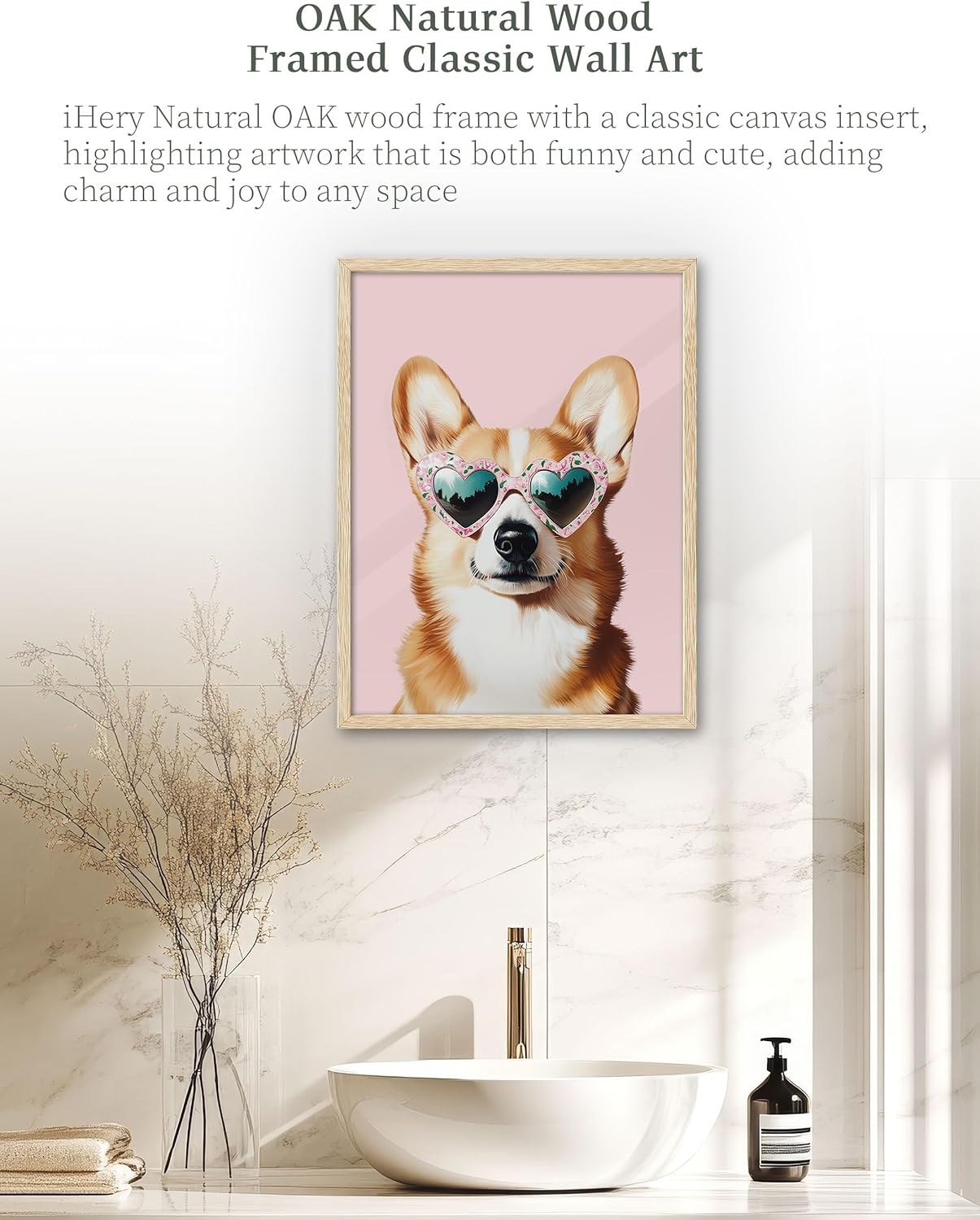 iHery Natural OAK Wood Pink Corgi Dog Framed Wall Art, 12x16in Funky Preppy Heart-Shaped Glasses Canvas Wall Art Decor For Bedroom, Cute Welsh Dog Prints Apartment Bathroom Living Room Set of 1