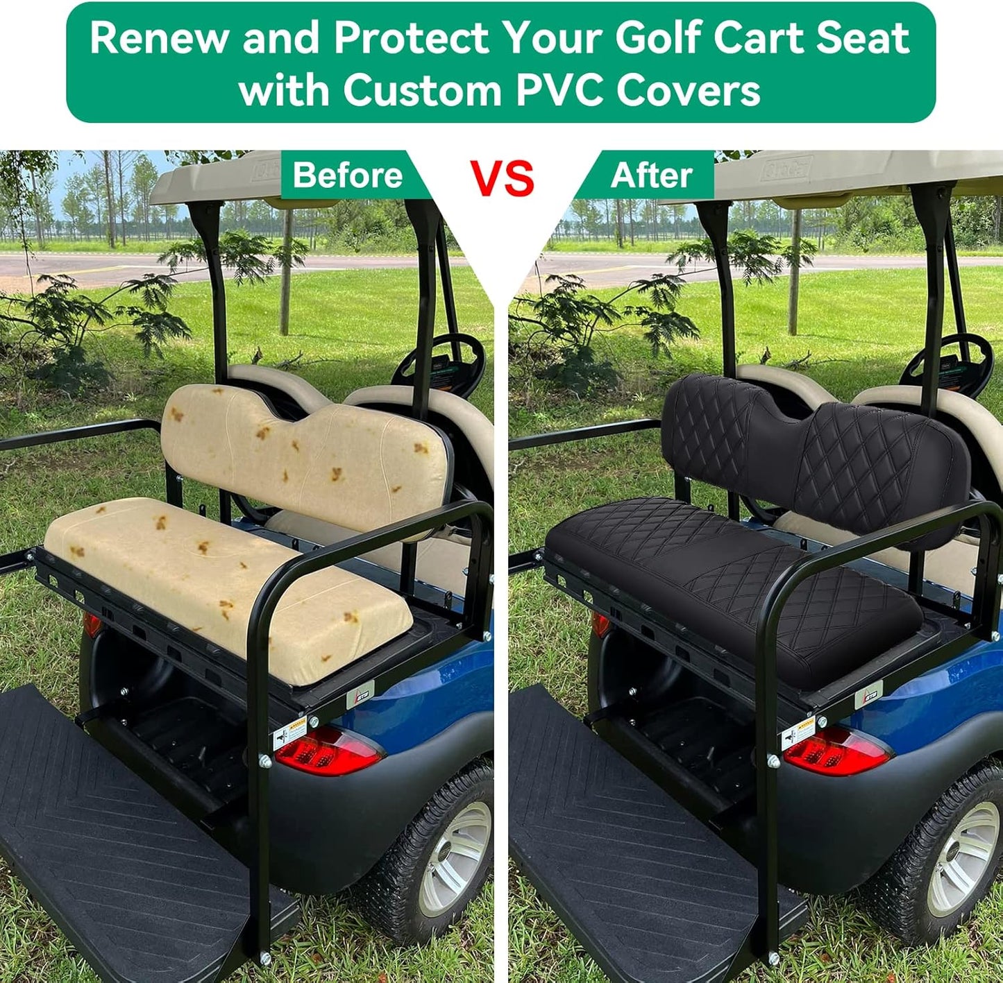 iLSKW Golf Cart Seat Covers for Rear Seat Fit Club Car EZGO Yamaha, Thinck Vinyl Leather with Convex Diamond Texure, Comfortable, Support Back,Breathable,Anti-Fading