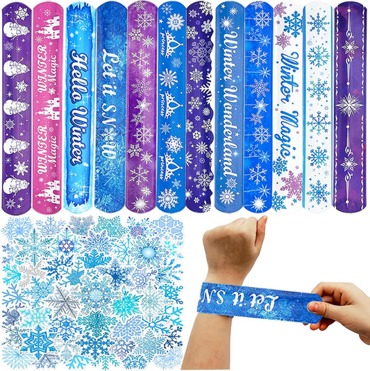 74Pcs Snowflake Theme Party Favors Contain 24 Pcs Snowflake Theme Slap Bracelets 50Pcs Snowflake Theme Stickers, Ice and Snow Theme Birthday Party Decorations,Classroom Rewards Supplies.
